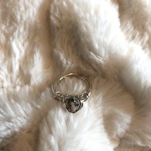 Handmade green and tan ring with silver wire